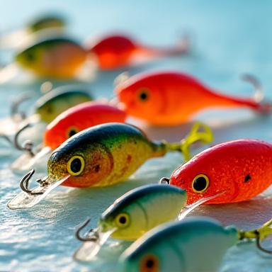 カラフルな魚の形をしたルアーのコレクション