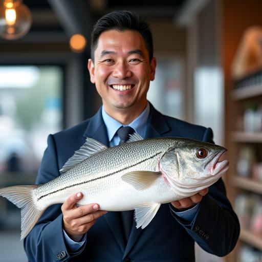 大きなシーバスを手に笑顔の店長鈴木